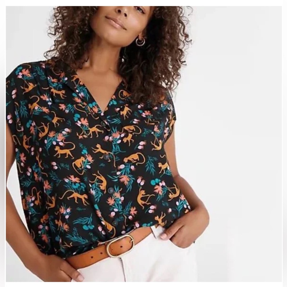 Anthropologie Black Floral Monkey Print Blouse XL